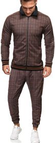 Men's 2 Pieces Tracksuits Jacket and Pants Casual Full Zip Running Jogging Athletic Plaid Sports Sweatsuits (Color: Coffee, size: XL)