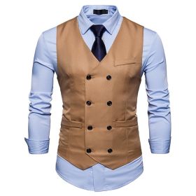 Men's Suit Vest Slim Fit Double Breasted Dress Vest (Color: Khaki, size: M)