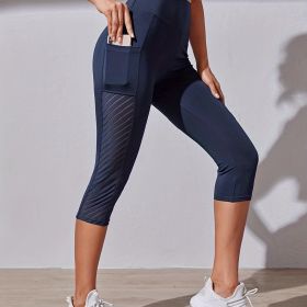 High Waist Yoga Capri Pants, Tummy Control Sports Legging Capri For Women With Out Pockets And Mesh Design (Color: navy blue, size: XL(12))