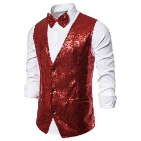 Men's Sequin Vest Shiny Suit Vest V-neck Party Dress (Color: Red, size: M)