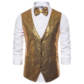 Men's Sequin Vest Shiny Suit Vest V-neck Party Dress (Color: Gold, size: XL)