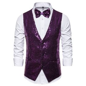 Men's Sequin Vest Shiny Suit Vest V-neck Party Dress (Color: Purple, size: XL)