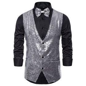 Men's Sequin Vest Shiny Suit Vest V-neck Party Dress (Color: Silver, size: S)
