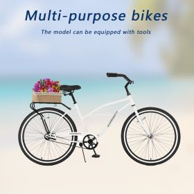 Multifunction 26 Inch Single Speed Bike, Steel Frame, Upright Comfortable Seat, Rear Roller Coaster Brakes, Multi-function Rear Shelf, Multicolor (Color: White)